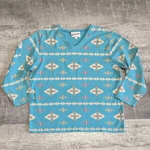 Pendleton Aztec Print V Neck Shirt Womens M Blue Teal 3/4 Sleeve Southwestern
